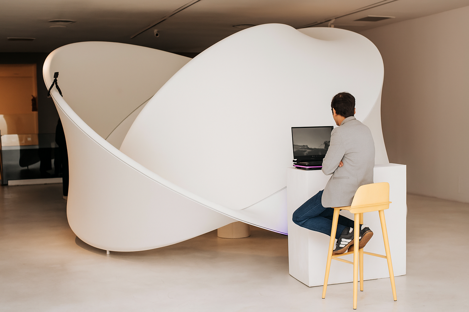 Artist working at desk in sculptural exhibition space